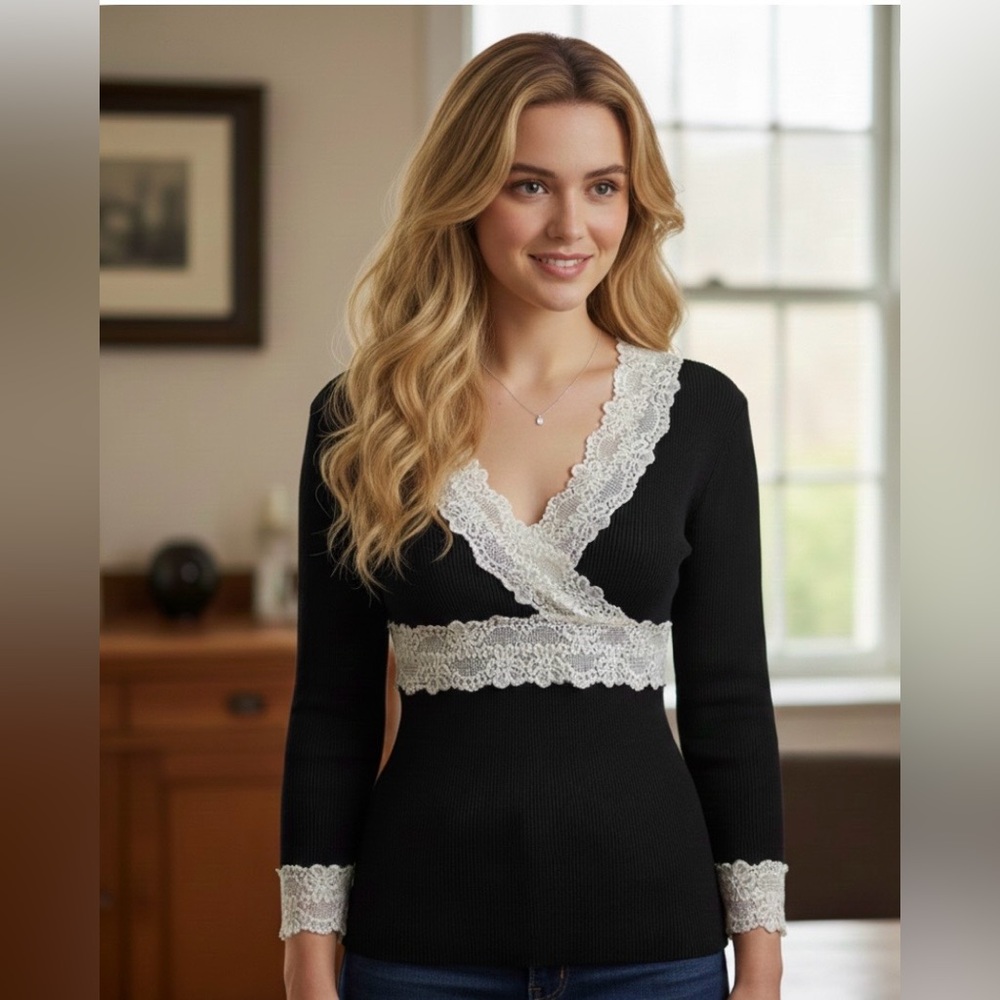 Belldini Stretchy Black Sweater with Lace Trim